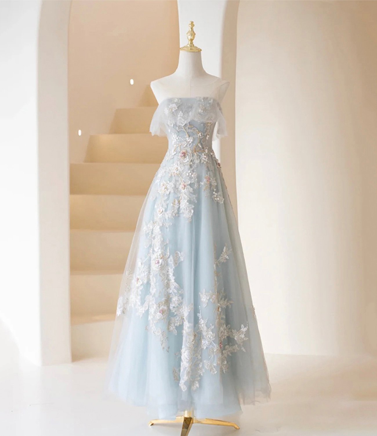 Blue tulle lace prom dress A line evening dress