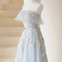 Blue tulle lace prom dress A line evening dress - Thumbnail 1