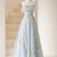 Blue tulle lace prom dress A line evening dress - Thumbnail 4
