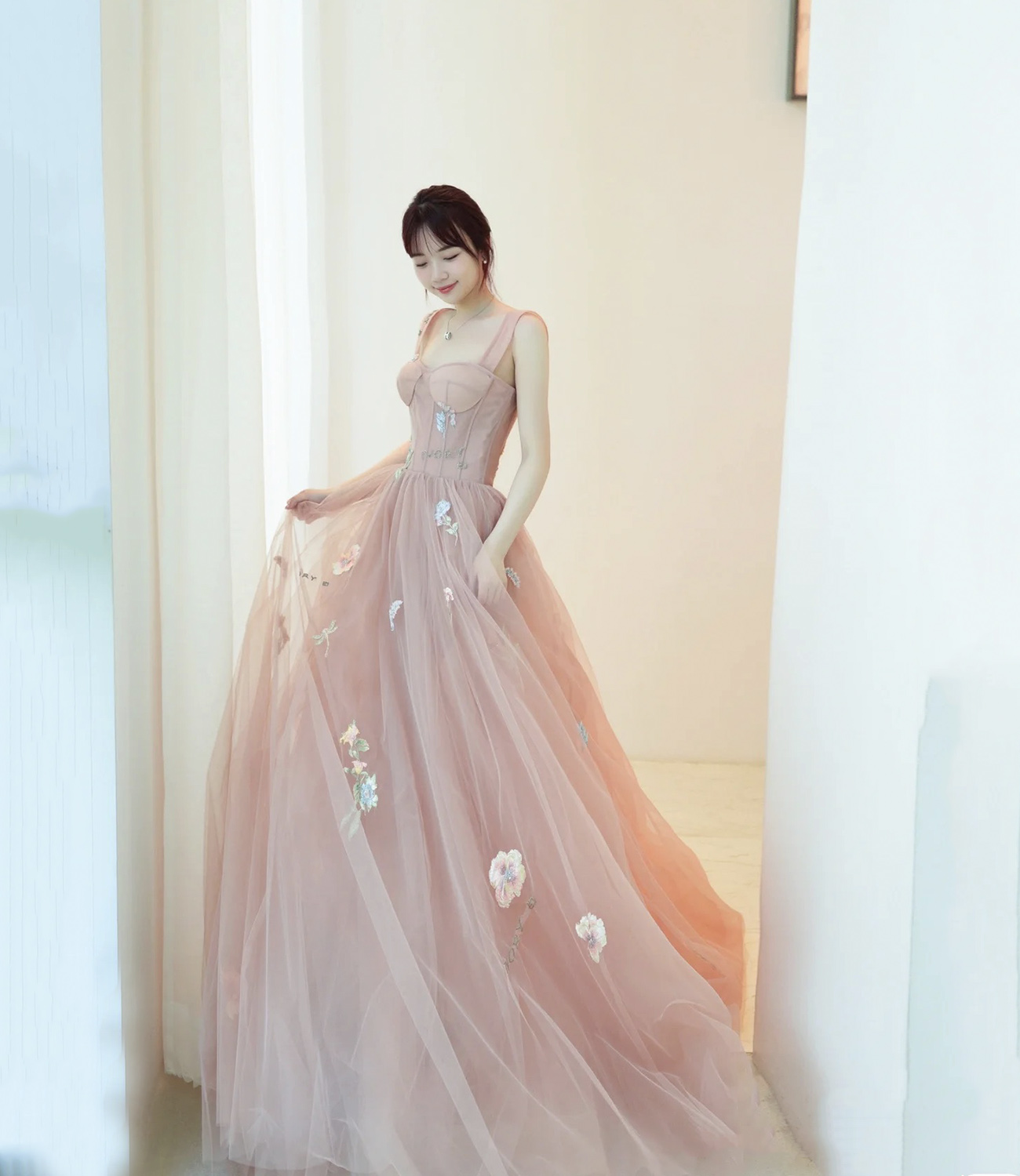 Pink tulle lace long prom dress A line evening dress