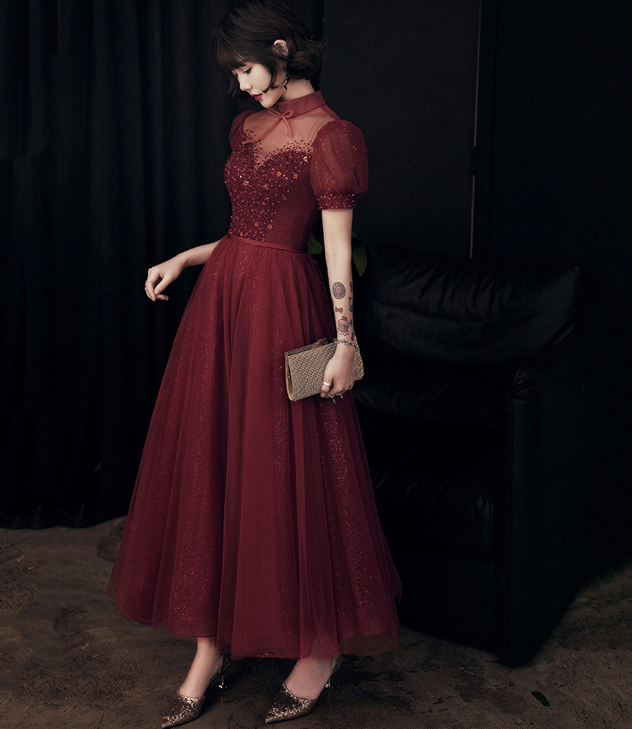 Burgundy tulle beads short prom dress homecoming dress