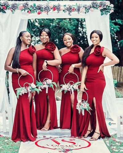 Red One Shoulder Bridesmaid Dresses with Slit
