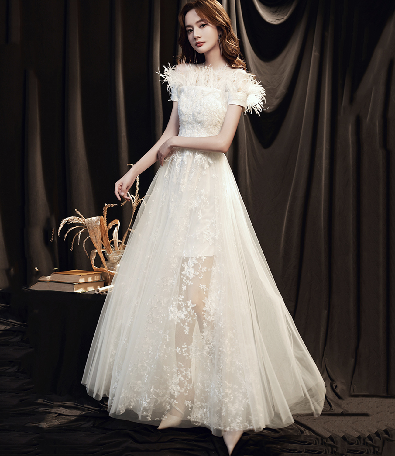 White tulle lace long prom dress A line evening dress
