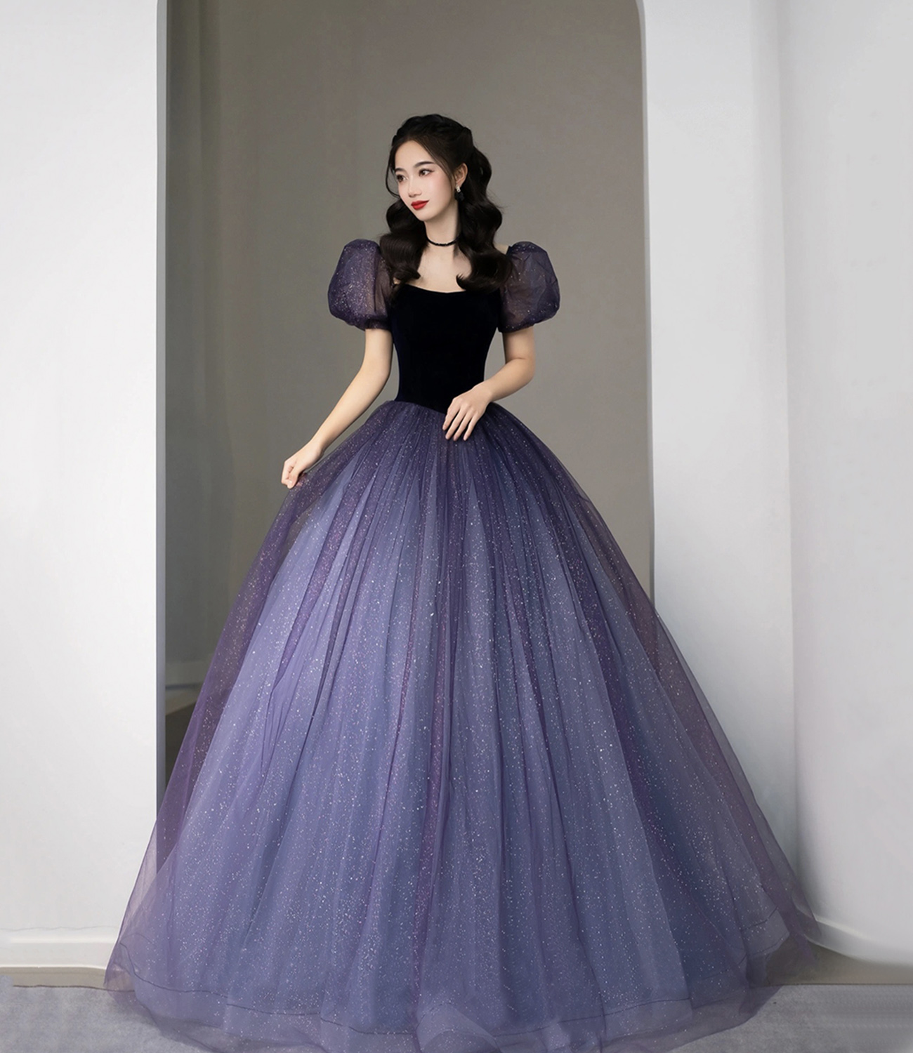 Purple Tulle Sequin Long Princess Dress Evening Gown
