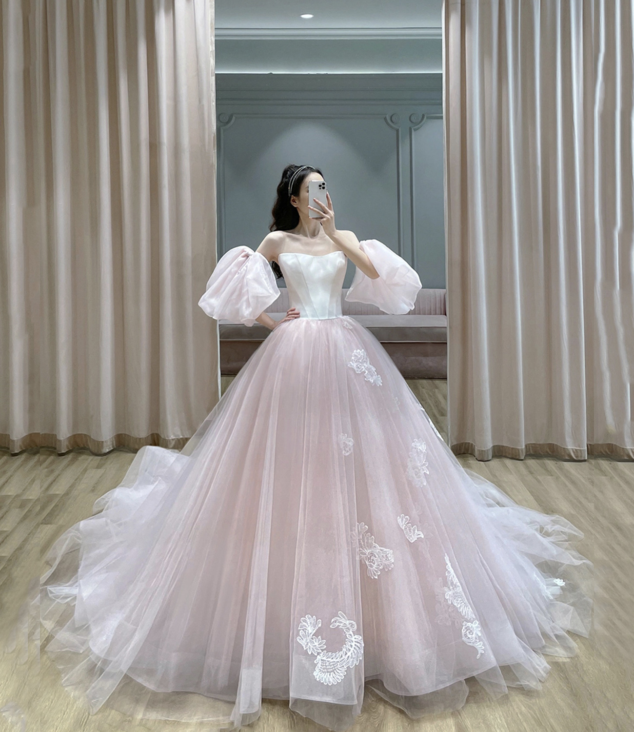 Pink tulle lace long ball gown dress princess dress