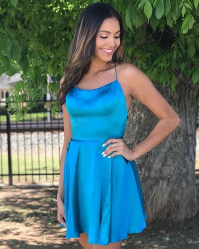 SP2112,Simple blue satin homecoming dresses,cross back mini prom dress