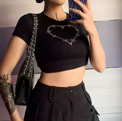 Free Shipping Goth Rhinestone Love Heart Black Top