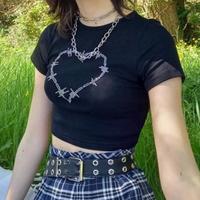 Free Shipping Goth Rhinestone Love Heart Black Top - Thumbnail 5