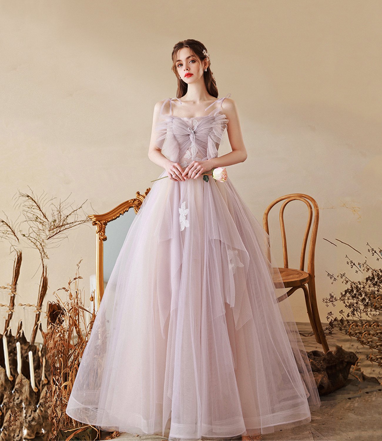 Pink tulle lace long prom dress pink evening dress