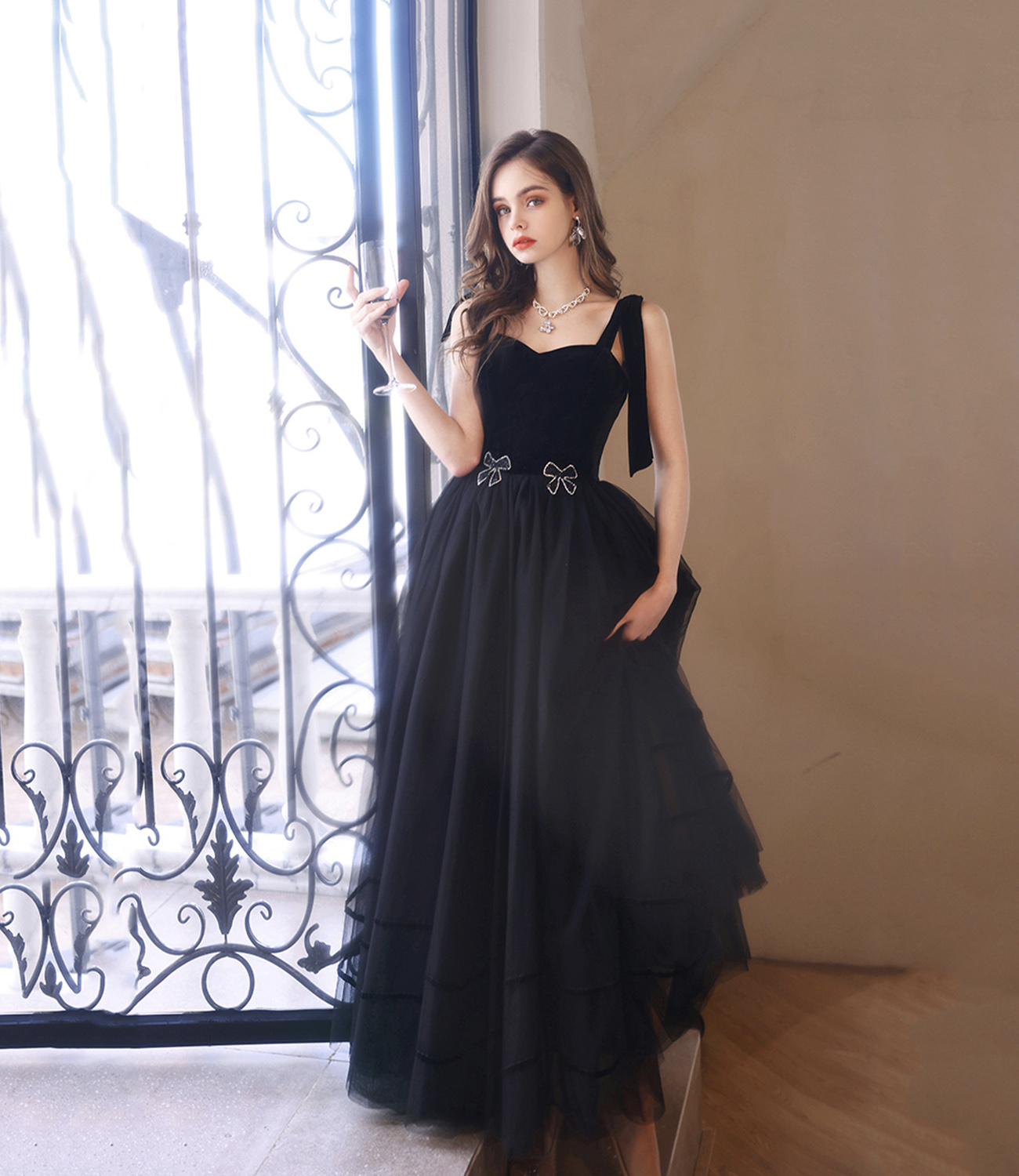Black velvet tulle long prom dress evening dress