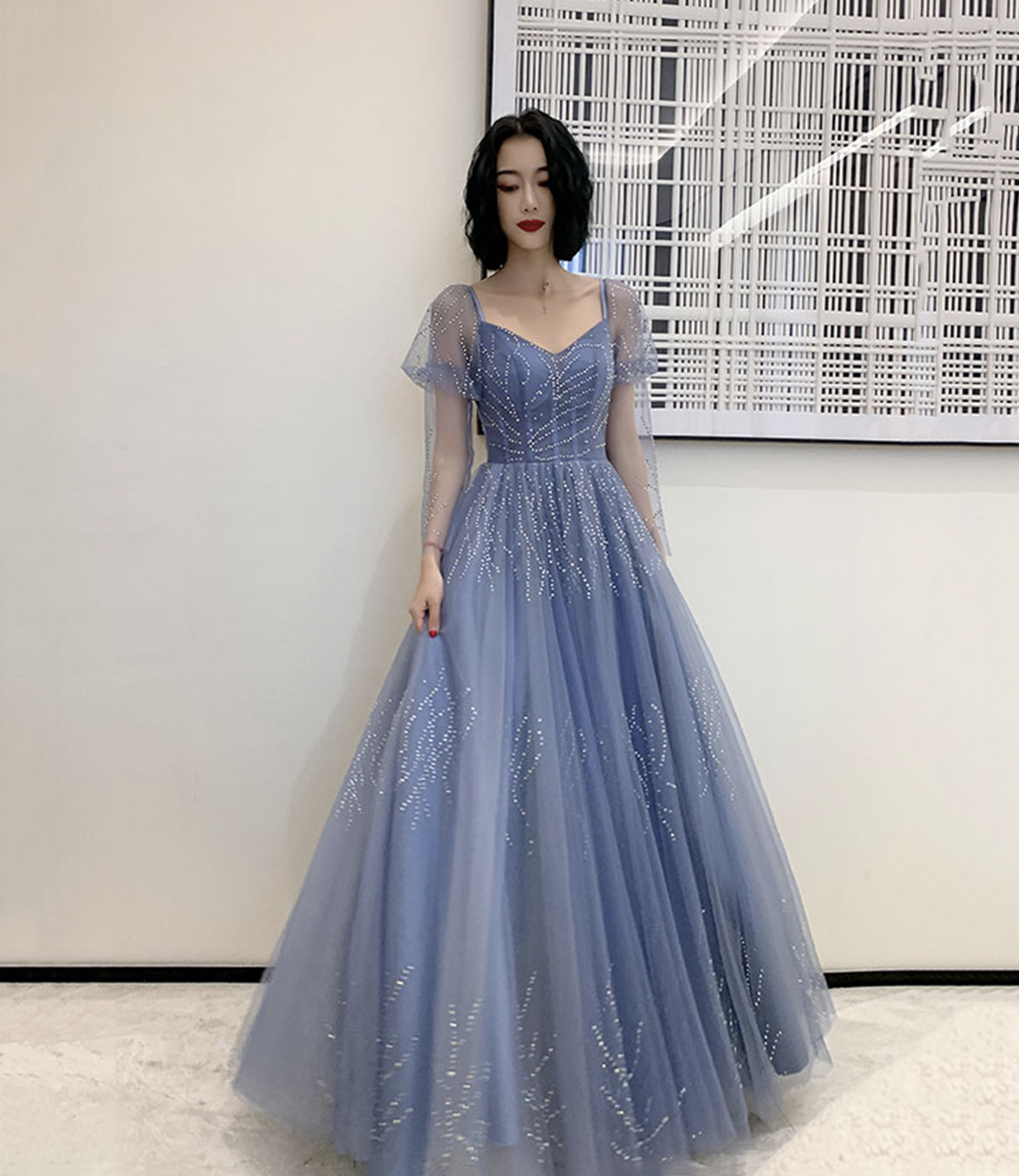 Blue tulle beads long prom dress blue evening dress