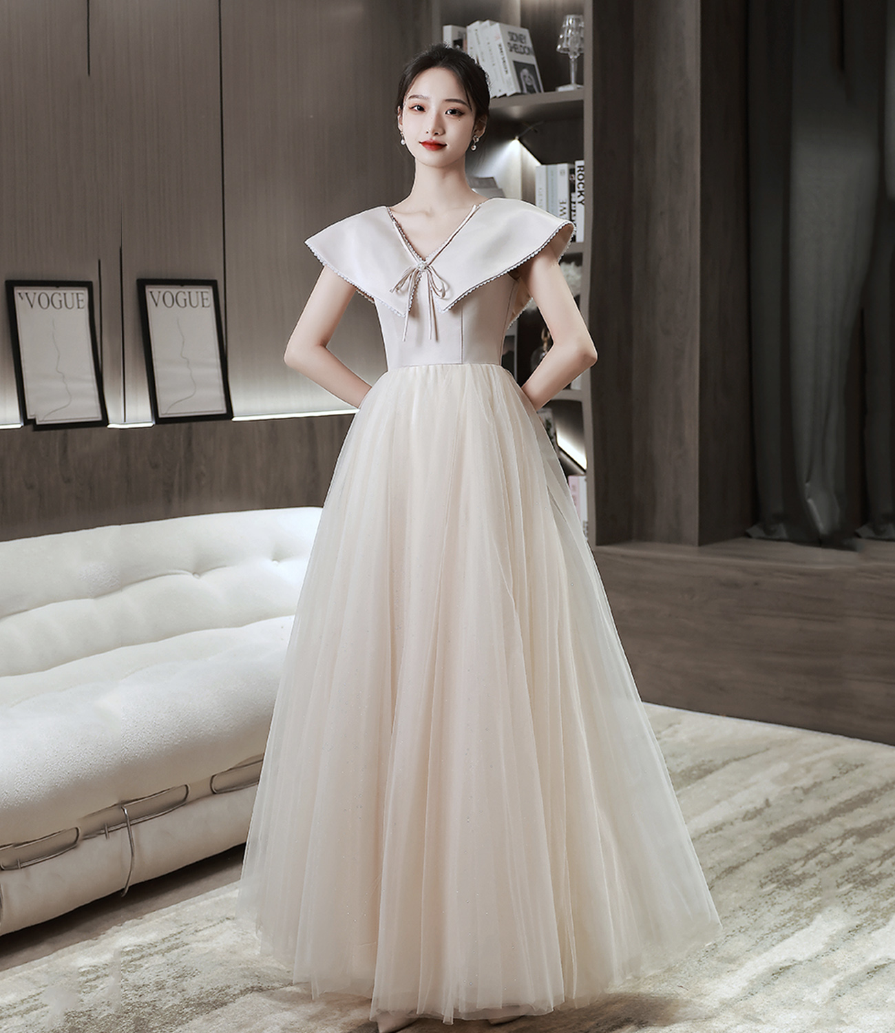 Cute tulle long prom dress champagne evening dress