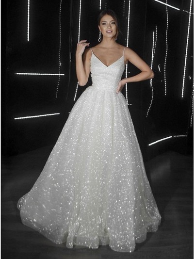 Sparkly Charming V Neck Straps Sequins White Wedding Dresses,Glitter White Prom Dresses,859