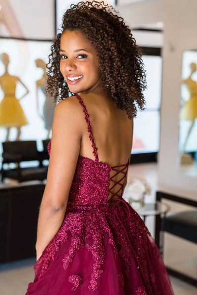 Chic A Line Spaghetti Straps Burgundy Short Homecoming Dress Appliques,,860