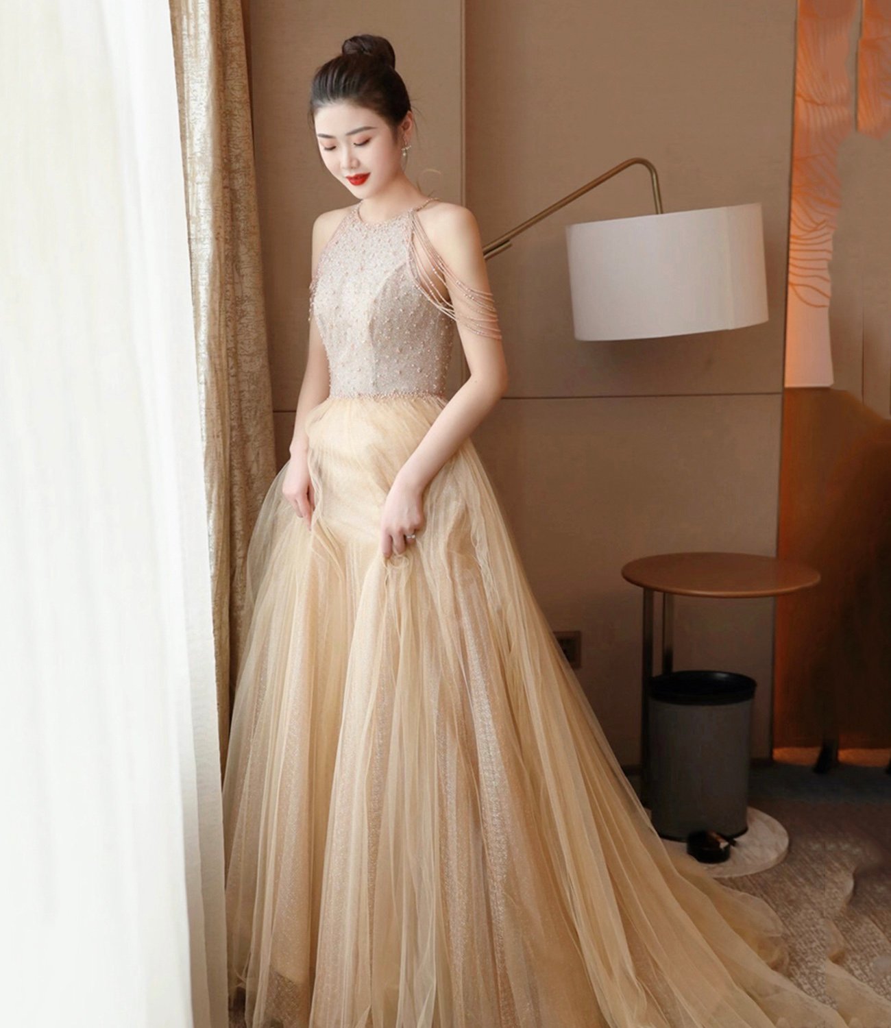 Champagne tulle beads long prom dress evening dress