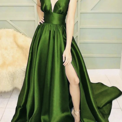 Olive green prom dresses v neck with slit side - Thumbnail 2