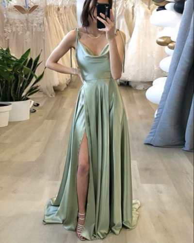 Sage Green Prom Dresses Slit Side PDl