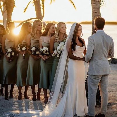 Charming mermaid cowl neck soft satin wedding dress with appliques - Thumbnail 1