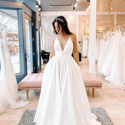 Ball gown v neck white satin long wedding dresses - Thumbnail 1