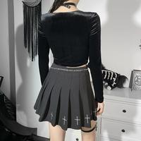 Goth Rhinestone Cross Lace Velvet Black Top - Thumbnail 4