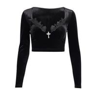 Goth Rhinestone Cross Lace Velvet Black Top - Thumbnail 5