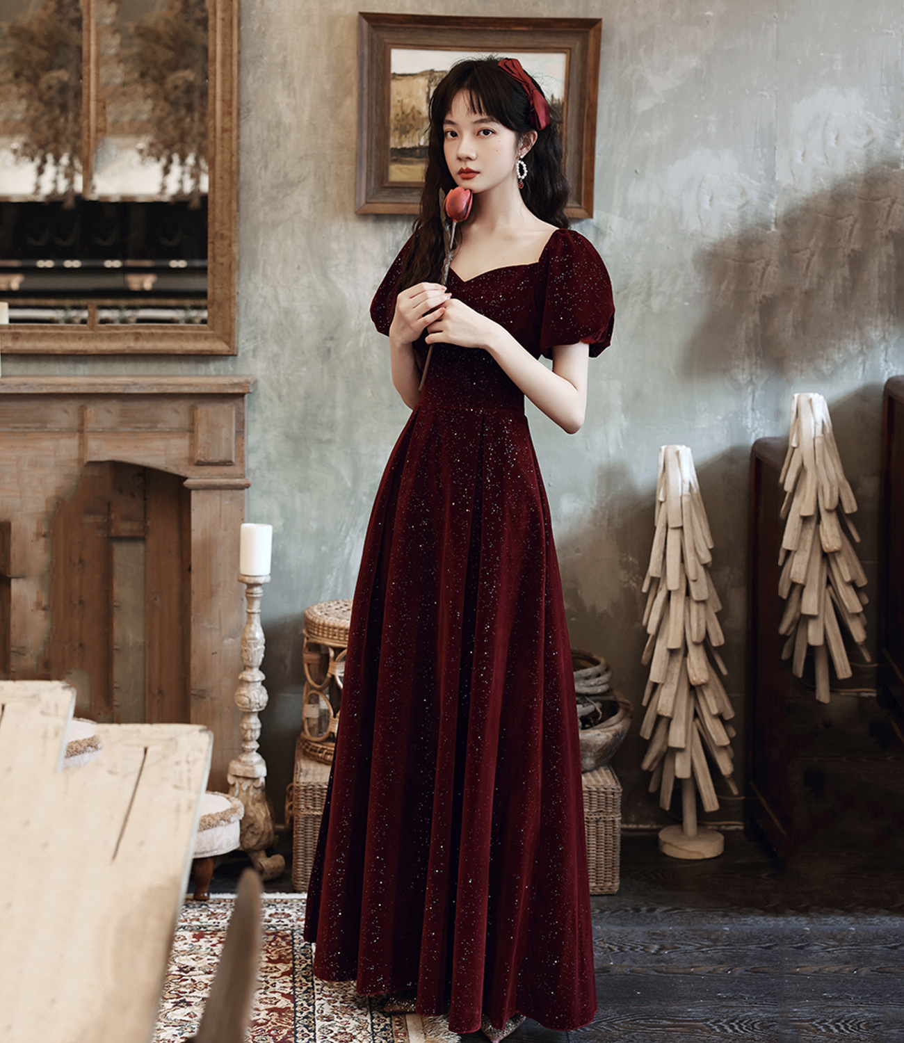 Burgundy velvet long prom dress A line evening dress