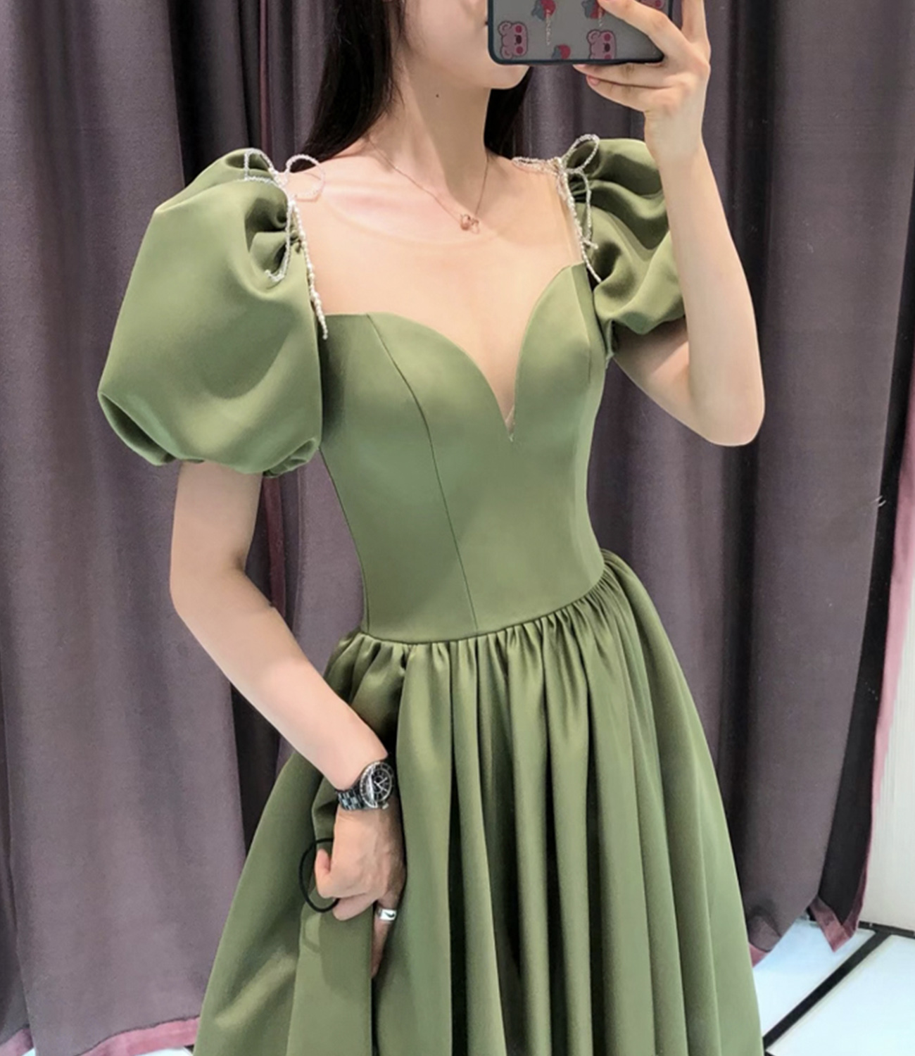 Green satin long prom dress A line evening dress