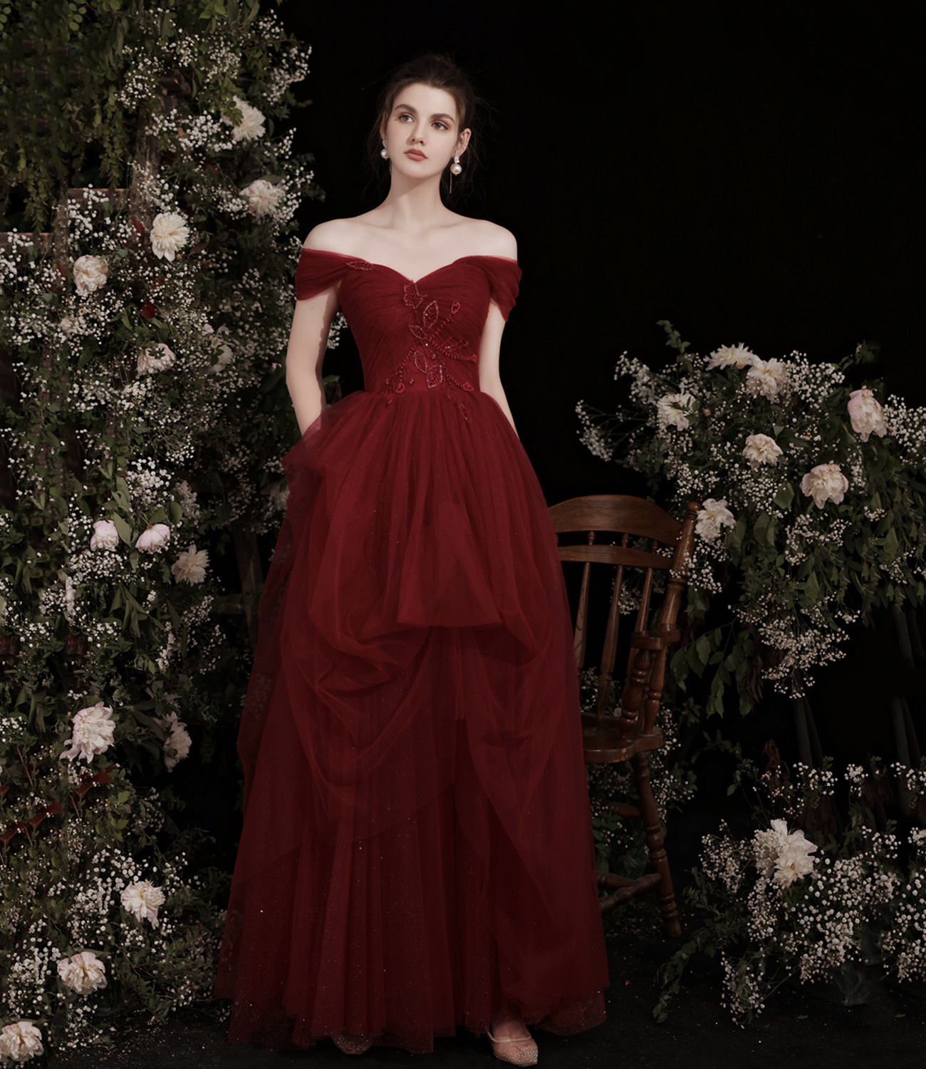 Burgundy tulle beads long prom dress A line evening dress