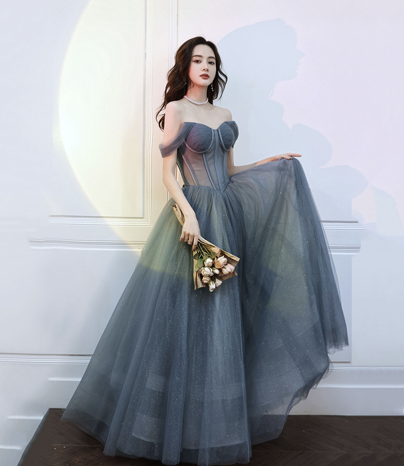 Gray tulle long prom dress A line evening dress