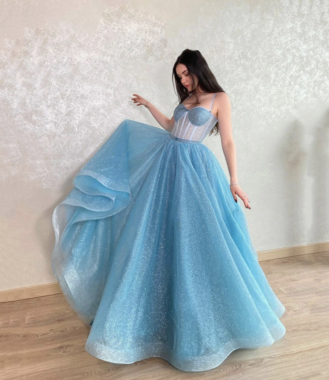 Blue tulle sequins long prom dress evening dress