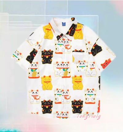 Maneki Neko Plutus Cat Full Print Blouse Shirts