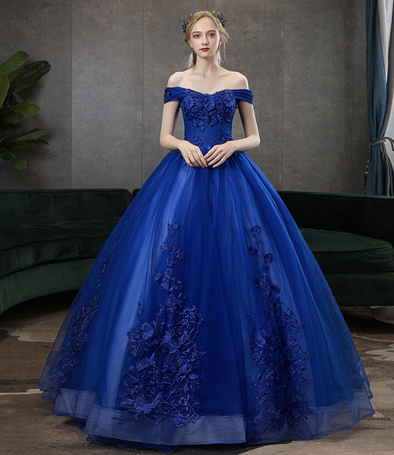 Blue tulle lace long ball gown dress blue evening dress