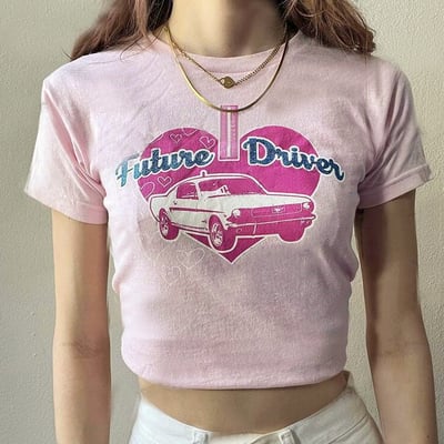 Future Driver Car Heart Print Pastel Pink Tee