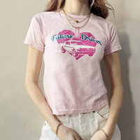 Future Driver Car Heart Print Pastel Pink Tee - Thumbnail 2