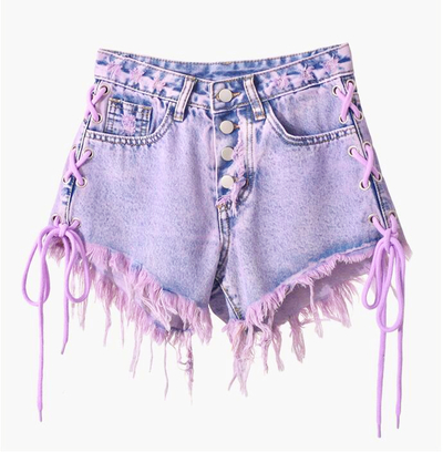 Pastel Purple Lace up Cross Tie-dyed Fringed Ripped Denim Shorts