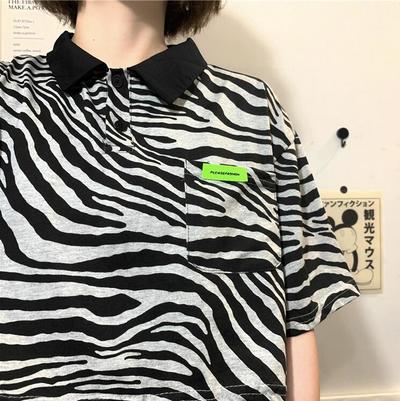 Zebra Stripe Print Strap Polo Shirt Top