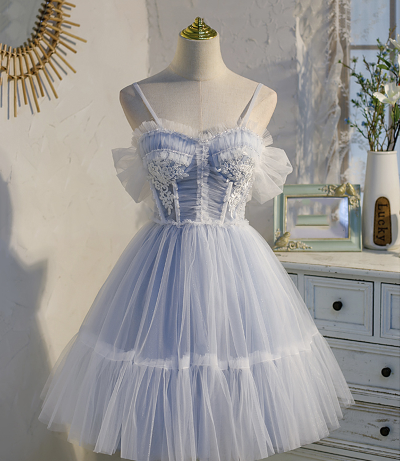 Cute tulle lace short prom dress blue evening dress