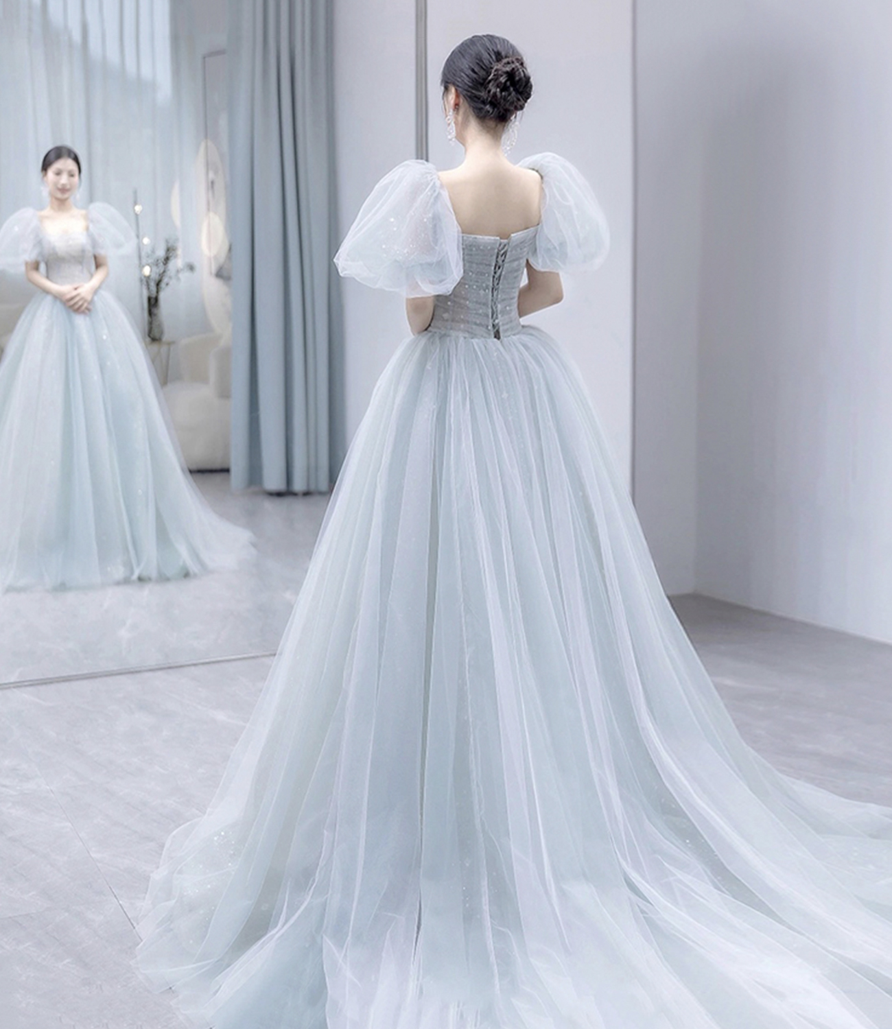 Cute tulle long prom dress A line evening gown