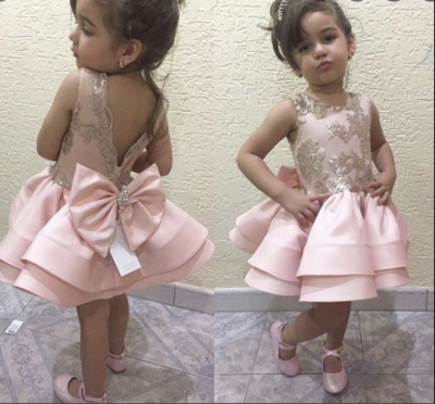 Pink Flower Girl Dresses with Lace Applique