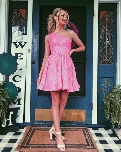 Cute Hot Pink A Line One Shoulder Sparkly Sequins Short Homecoming Dresses