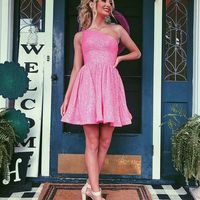 Cute Hot Pink A Line One Shoulder Sparkly Sequins Short Homecoming Dresses - Thumbnail 1