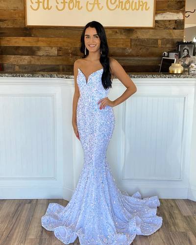 Sparkly Mermaid V Neck White Sequins Long Prom Dresses