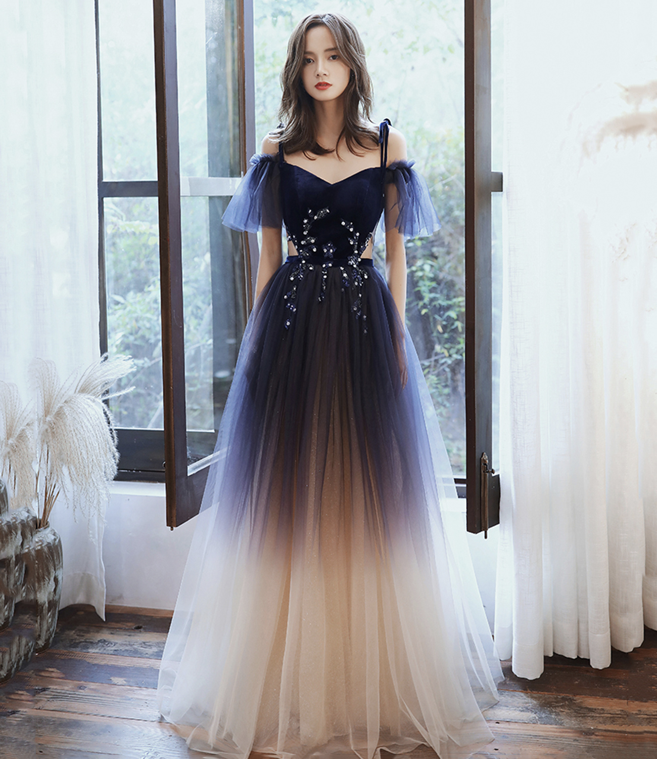 Cute tulle long A line prom dress blue evening dress