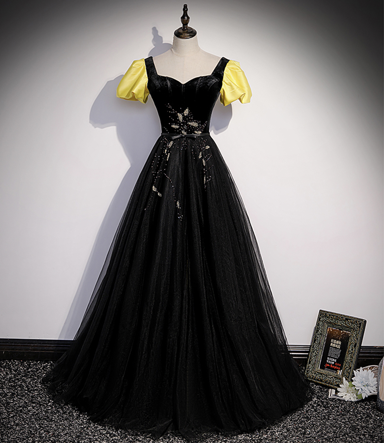 Black tulle long A line prom dress black evening dress