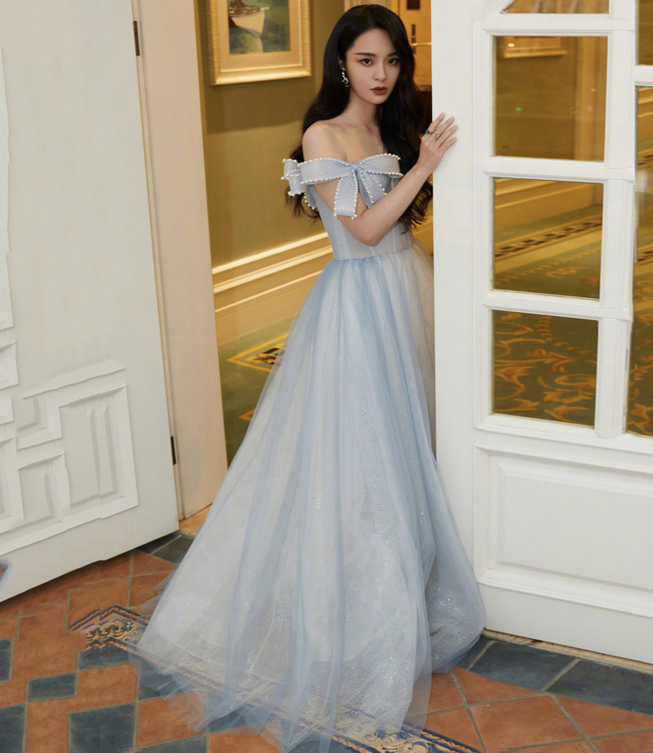 Lovely Bow Tulle Long Prom Dress Blue Evening Dress