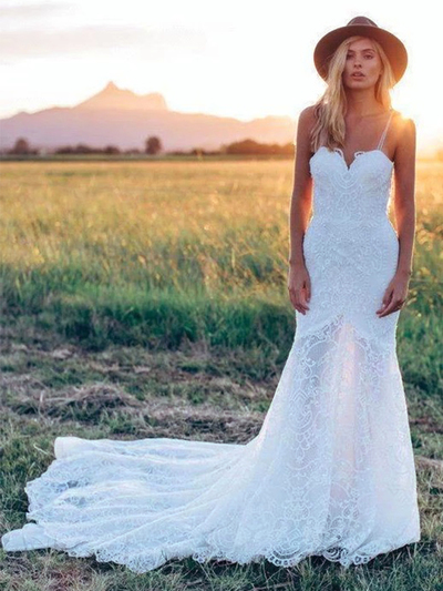 SP2128,New Floral Lace Spaghetti Straps Wedding Dresses Mermaid Court Train Open Back Lace Wedding Gown