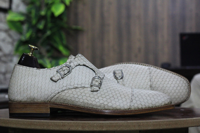 Handmade Python Texture Leather Monk Shoes , Dress Formal Shoes, Green Two Tone Shoes