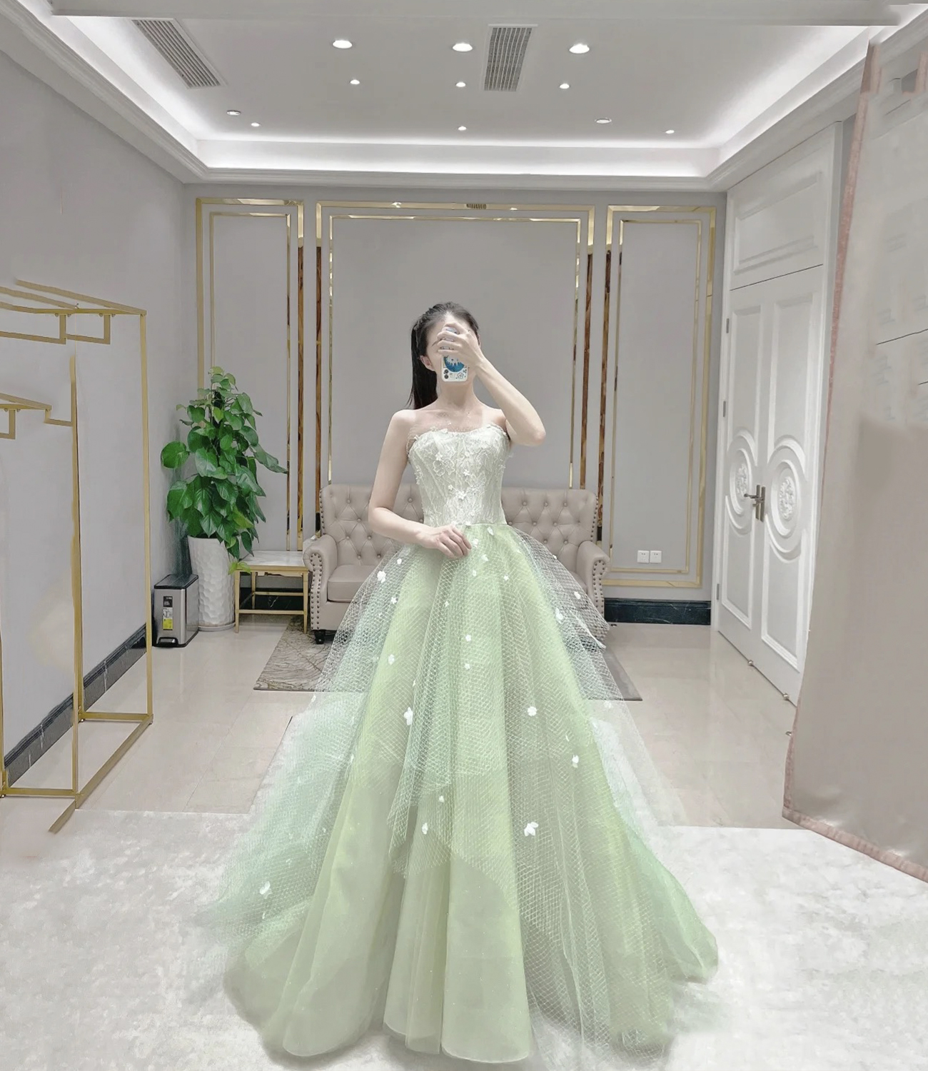 Green tulle lace long prom dress green evening dress
