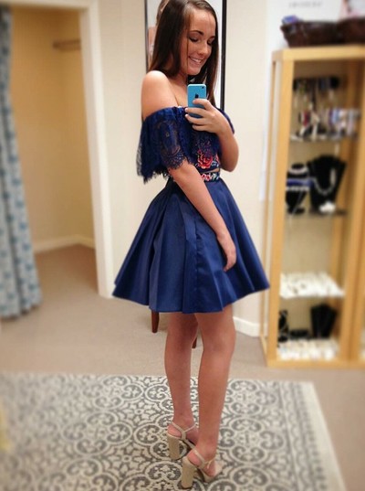 SP2150,Cute navy blue homecoming dresses,off the shoulder embroidery short prom dress,two pieces homecoming dresses,dark blue graduation dress