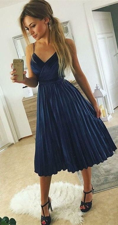 SP2151,Dark blue pleated midi dresses,tea length spaghetti straps homecoming dresses